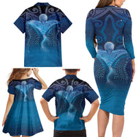 Polynesia Manta Ray Family Matching Long Sleeve Bodycon Dress and Hawaiian Shirt Let's The Sea Set You Free LT05 - Polynesian Pride