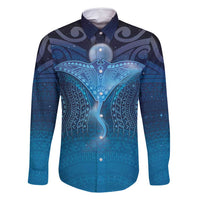 Polynesia Manta Ray Family Matching Off Shoulder Maxi Dress and Hawaiian Shirt Let's The Sea Set You Free LT05 Dad's Shirt - Long Sleeve Blue - Polynesian Pride