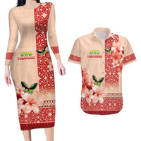 Papua New Guinea Oro Province Couples Matching Long Sleeve Bodycon Dress and Hawaiian Shirt Oro Birdwing Butterfly LT05 Beige - Polynesian Pride