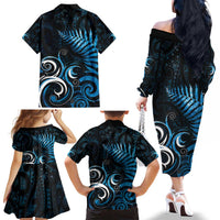 New Zealand Sea Week Family Matching Off The Shoulder Long Sleeve Dress and Hawaiian Shirt Maori Wave Pattern Ocean Blue LT05 - Polynesian Pride
