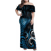 New Zealand Sea Week Family Matching Off Shoulder Maxi Dress and Hawaiian Shirt Maori Wave Pattern Ocean Blue LT05 Mom's Dress Blue - Polynesian Pride