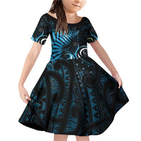 New Zealand Sea Week Family Matching Off Shoulder Short Dress and Hawaiian Shirt Maori Wave Pattern Ocean Blue LT05 Daughter's Dress Blue - Polynesian Pride