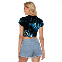 New Zealand Sea Week Raglan Cropped T Shirt Maori Wave Pattern Ocean Blue