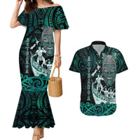 Personalised New Zealand Waka Racing Couples Matching Mermaid Dress and Hawaiian Shirt Maori Warriors LT05 Green - Polynesian Pride