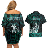 Personalised New Zealand Waka Racing Couples Matching Off Shoulder Short Dress and Hawaiian Shirt Maori Warriors LT05 - Polynesian Pride