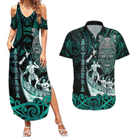 Personalised New Zealand Waka Racing Couples Matching Summer Maxi Dress and Hawaiian Shirt Maori Warriors LT05 Green - Polynesian Pride