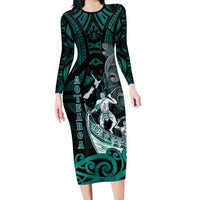 Personalised New Zealand Waka Racing Family Matching Long Sleeve Bodycon Dress and Hawaiian Shirt Maori Warriors LT05 Mom's Dress Green - Polynesian Pride