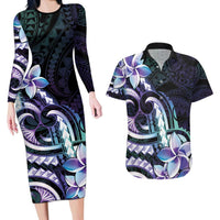 Polynesian Art Tattoo Couples Matching Long Sleeve Bodycon Dress and Hawaiian Shirt Plumeria Flowers Turquoise Gradient
