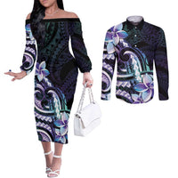 Polynesian Art Tattoo Couples Matching Off The Shoulder Long Sleeve Dress and Long Sleeve Button Shirt Plumeria Flowers Turquoise Gradient
