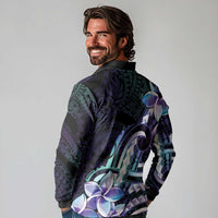 Polynesian Art Tattoo Long Sleeve Polo Shirt Plumeria Flowers Turquoise Gradient