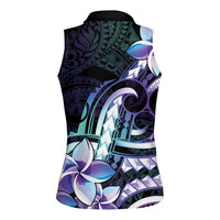 Polynesian Art Tattoo Women Sleeveless Polo Shirt Plumeria Flowers Turquoise Gradient