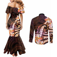 Polynesian Art Tattoo Couples Matching Mermaid Dress and Long Sleeve Button Shirt Plumeria Flowers Peach Gradient
