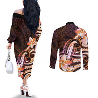 Polynesian Art Tattoo Couples Matching Off The Shoulder Long Sleeve Dress and Long Sleeve Button Shirt Plumeria Flowers Peach Gradient