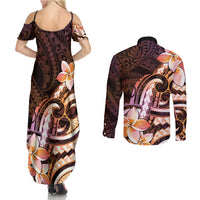 Polynesian Art Tattoo Couples Matching Summer Maxi Dress and Long Sleeve Button Shirt Plumeria Flowers Peach Gradient
