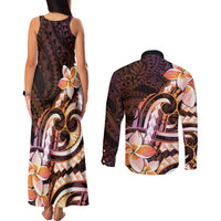 Polynesian Art Tattoo Couples Matching Tank Maxi Dress and Long Sleeve Button Shirt Plumeria Flowers Peach Gradient