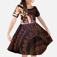 Polynesian Art Tattoo Kid Short Sleeve Dress Plumeria Flowers Peach Gradient