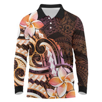 Polynesian Art Tattoo Long Sleeve Polo Shirt Plumeria Flowers Peach Gradient