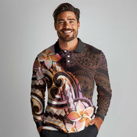Polynesian Art Tattoo Long Sleeve Polo Shirt Plumeria Flowers Peach Gradient