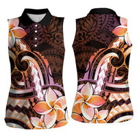 Polynesian Art Tattoo Women Sleeveless Polo Shirt Plumeria Flowers Peach Gradient