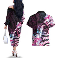Polynesian Art Tattoo Couples Matching Off The Shoulder Long Sleeve Dress and Hawaiian Shirt Plumeria Flowers Pink Gradient LT05 - Polynesian Pride
