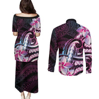 Polynesian Art Tattoo Couples Matching Puletasi and Long Sleeve Button Shirt Plumeria Flowers Pink Gradient