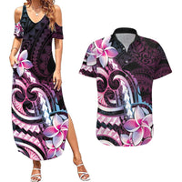 Polynesian Art Tattoo Couples Matching Summer Maxi Dress and Hawaiian Shirt Plumeria Flowers Pink Gradient