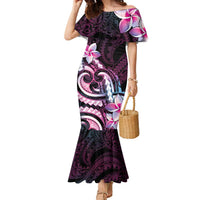 Polynesian Art Tattoo Family Matching Mermaid Dress and Hawaiian Shirt Plumeria Flowers Pink Gradient LT05 Mom's Dress Pink - Polynesian Pride