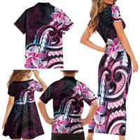 Polynesian Art Tattoo Family Matching Short Sleeve Bodycon Dress and Hawaiian Shirt Plumeria Flowers Pink Gradient LT05 - Polynesian Pride