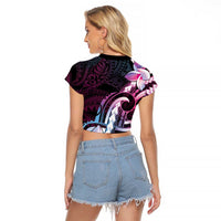 Polynesian Art Tattoo Raglan Cropped T Shirt Plumeria Flowers Pink Gradient
