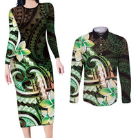 Polynesian Art Tattoo Couples Matching Long Sleeve Bodycon Dress and Long Sleeve Button Shirt Plumeria Flowers Green Gradient