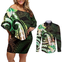 Polynesian Art Tattoo Couples Matching Off Shoulder Short Dress and Long Sleeve Button Shirt Plumeria Flowers Green Gradient