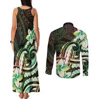 Polynesian Art Tattoo Couples Matching Tank Maxi Dress and Long Sleeve Button Shirt Plumeria Flowers Green Gradient