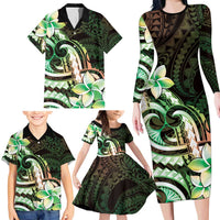 Polynesian Art Tattoo Family Matching Long Sleeve Bodycon Dress and Hawaiian Shirt Plumeria Flowers Green Gradient LT05 - Polynesian Pride