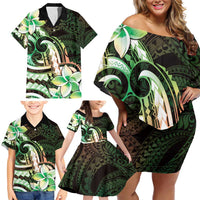 Polynesian Art Tattoo Family Matching Off Shoulder Short Dress and Hawaiian Shirt Plumeria Flowers Green Gradient LT05 - Polynesian Pride