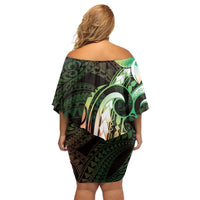 Polynesian Art Tattoo Family Matching Off Shoulder Short Dress and Hawaiian Shirt Plumeria Flowers Green Gradient LT05 - Polynesian Pride