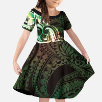 Polynesian Art Tattoo Family Matching Summer Maxi Dress and Hawaiian Shirt Plumeria Flowers Green Gradient LT05 Daughter's Dress Green - Polynesian Pride