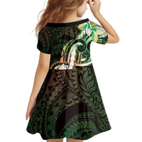 Polynesian Art Tattoo Kid Short Sleeve Dress Plumeria Flowers Green Gradient