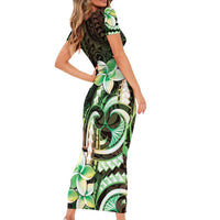Polynesian Art Tattoo Short Sleeve Bodycon Dress Plumeria Flowers Green Gradient LT05 - Polynesian Pride