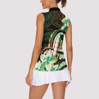 Polynesian Art Tattoo Women Sleeveless Polo Shirt Plumeria Flowers Green Gradient