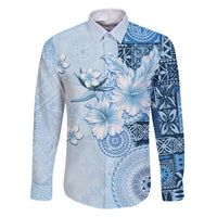 Hawaii Tapa Pattern With Blue Hibiscus Family Matching Off Shoulder Maxi Dress and Hawaiian Shirt LT05 Dad's Shirt - Long Sleeve Blue - Polynesian Pride