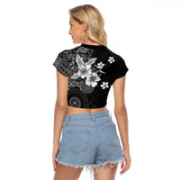 Hawaii Tapa Pattern With Black Hibiscus Raglan Cropped T Shirt