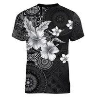 Hawaii Tapa Pattern With Black Hibiscus Women V-Neck T-Shirt