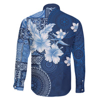 Hawaii Tapa Pattern With Navy Hibiscus Family Matching Off Shoulder Short Dress and Hawaiian Shirt
