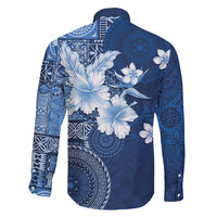 Hawaii Tapa Pattern With Navy Hibiscus Family Matching Short Sleeve Bodycon Dress and Hawaiian Shirt