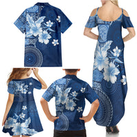 Hawaii Tapa Pattern With Navy Hibiscus Family Matching Summer Maxi Dress and Hawaiian Shirt