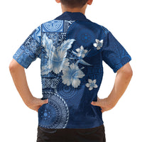 Hawaii Tapa Pattern With Navy Hibiscus Family Matching Tank Maxi Dress and Hawaiian Shirt