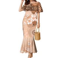 Hawaii Tapa Pattern With Brown Hibiscus Family Matching Mermaid Dress and Hawaiian Shirt