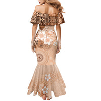Hawaii Tapa Pattern With Brown Hibiscus Family Matching Mermaid Dress and Hawaiian Shirt