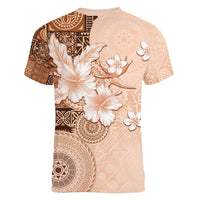 Hawaii Tapa Pattern With Brown Hibiscus Women V-Neck T-Shirt