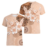 Hawaii Tapa Pattern With Brown Hibiscus Women V-Neck T-Shirt